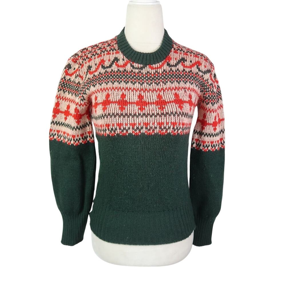 Vintage 70s Pilgrim Dark Green and Red Fair Isle Nordic Wool Sweater S